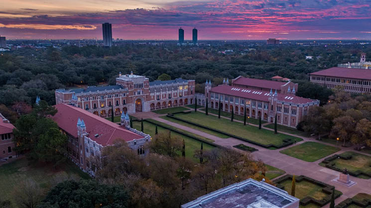 A sunset over Lovett Hall and the Texas Medical Center at Rice University