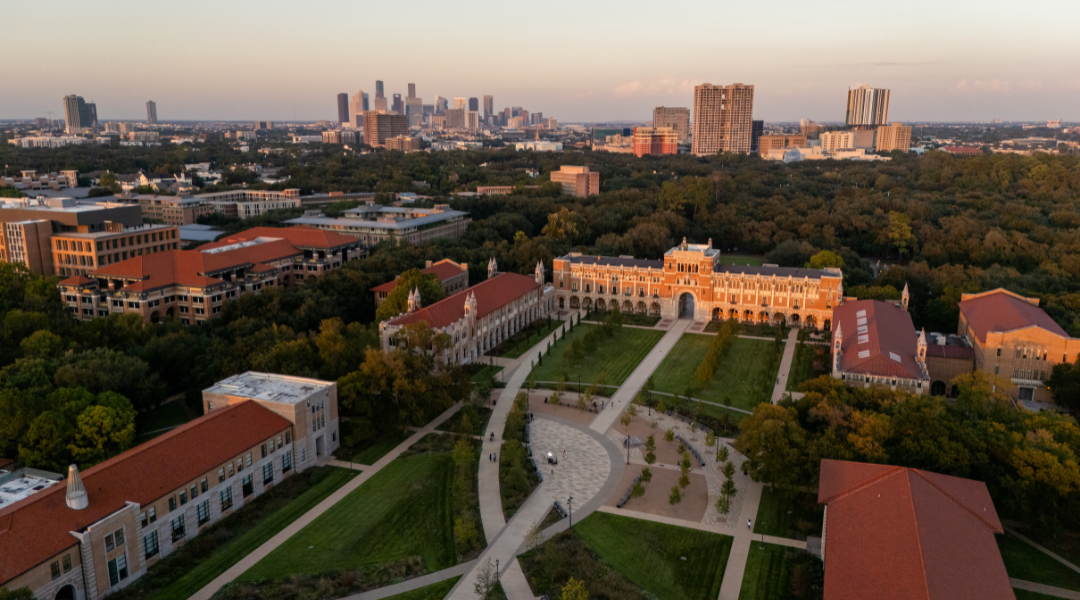 The Academic Quad at Rice University at dusk