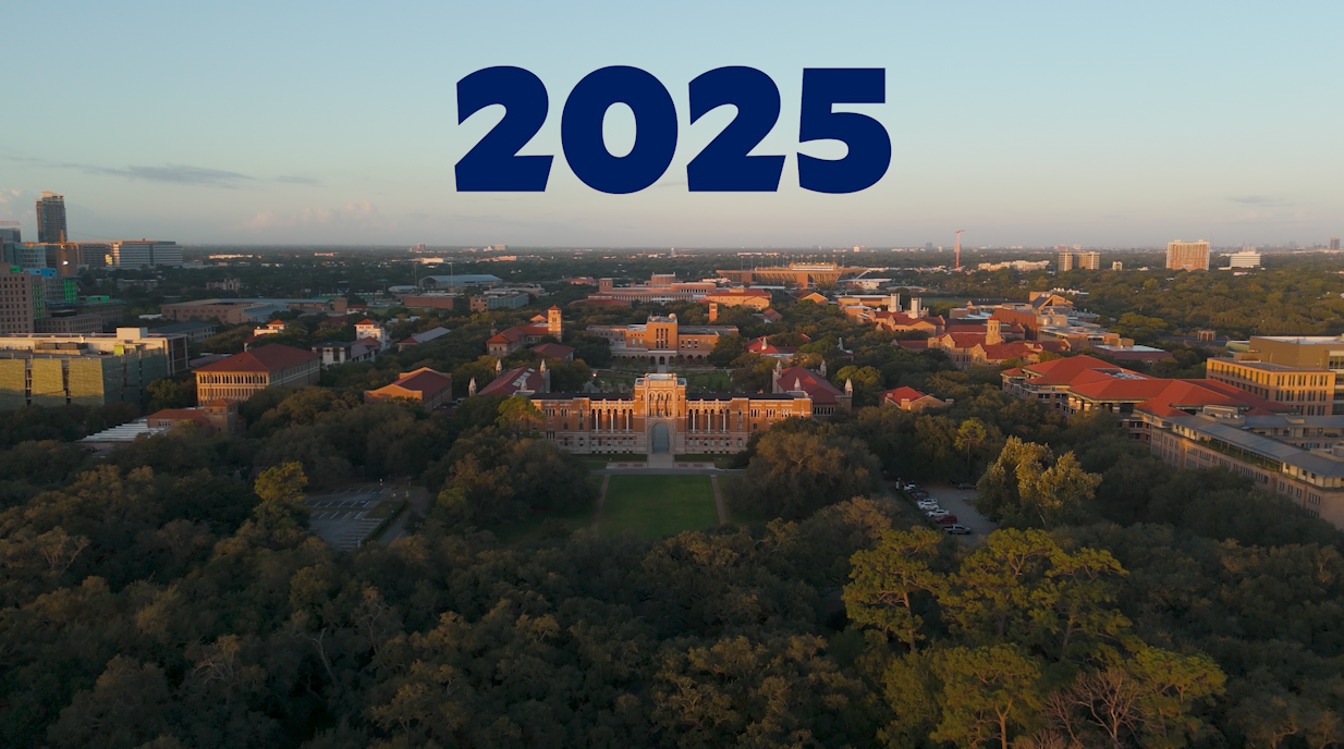An aerial shot of Rice University with 2025 on the skyline