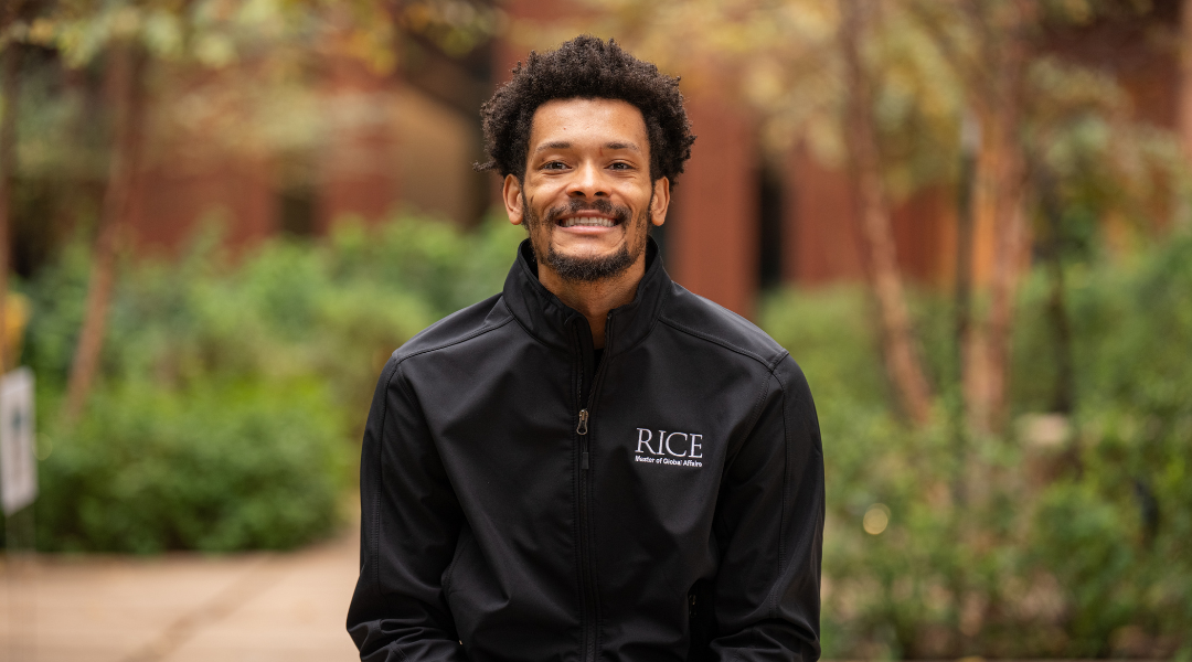 Trae Broadnax in the Russ Pitman Courtyard in Kraft Hall