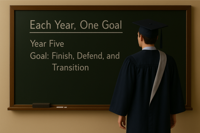 AI generated image of person at a chalk board. board reads: year 5 - finish, defend and transition