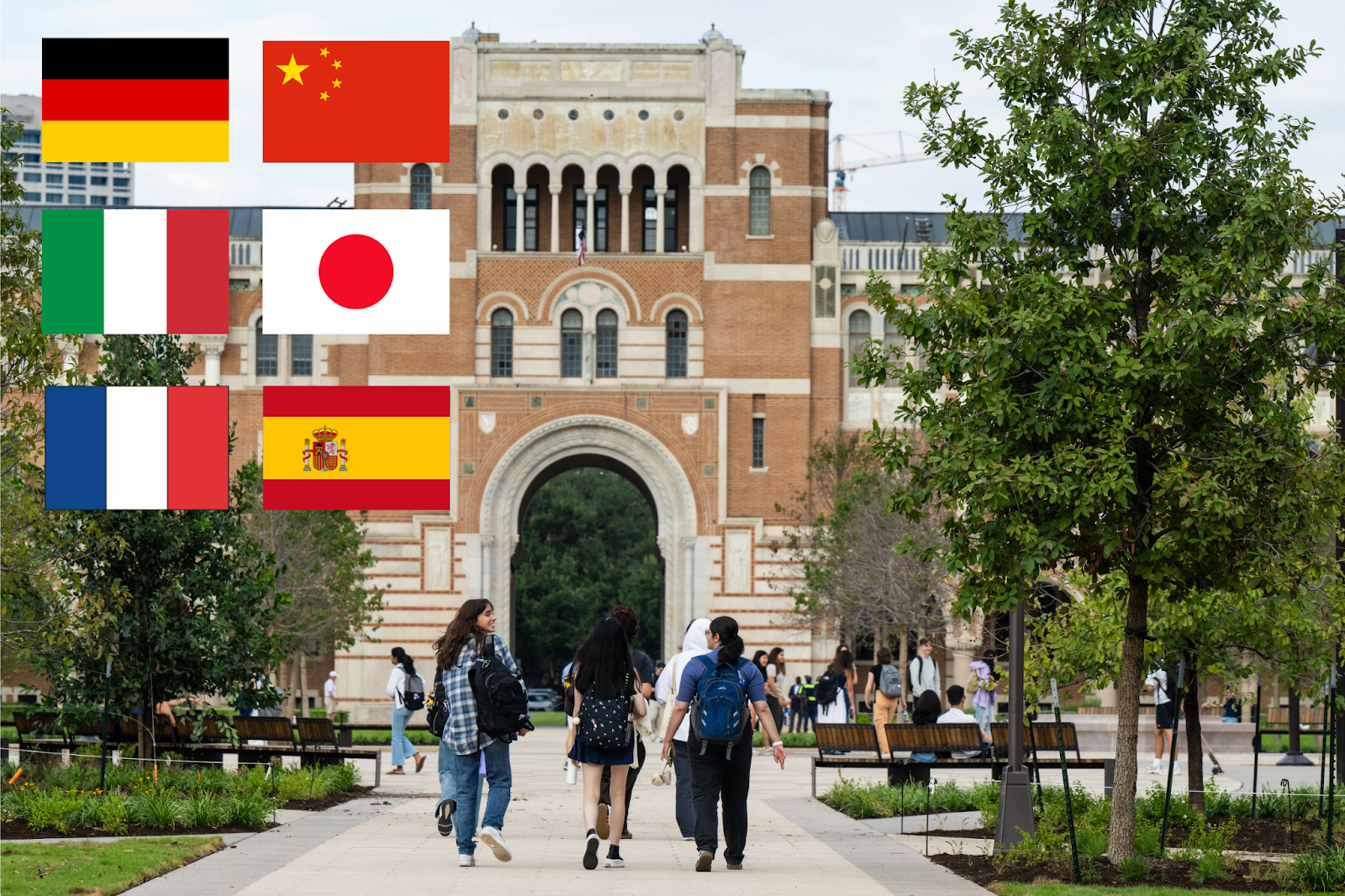students walking by Sallyport with six country's flags pasted over the top of the image