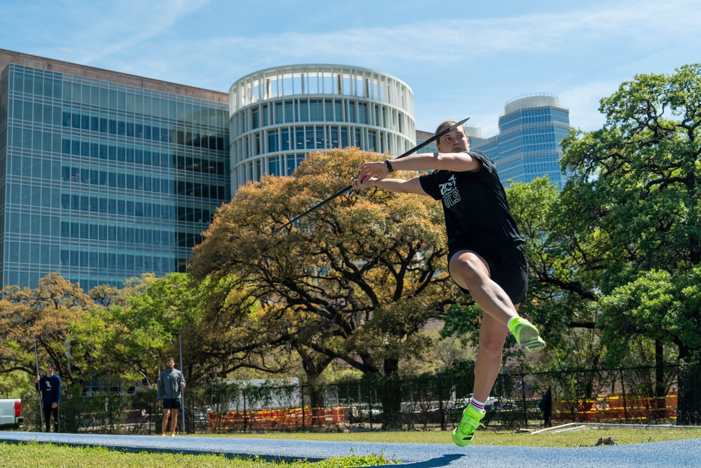 Elena Schwegman throws the javelin at practice