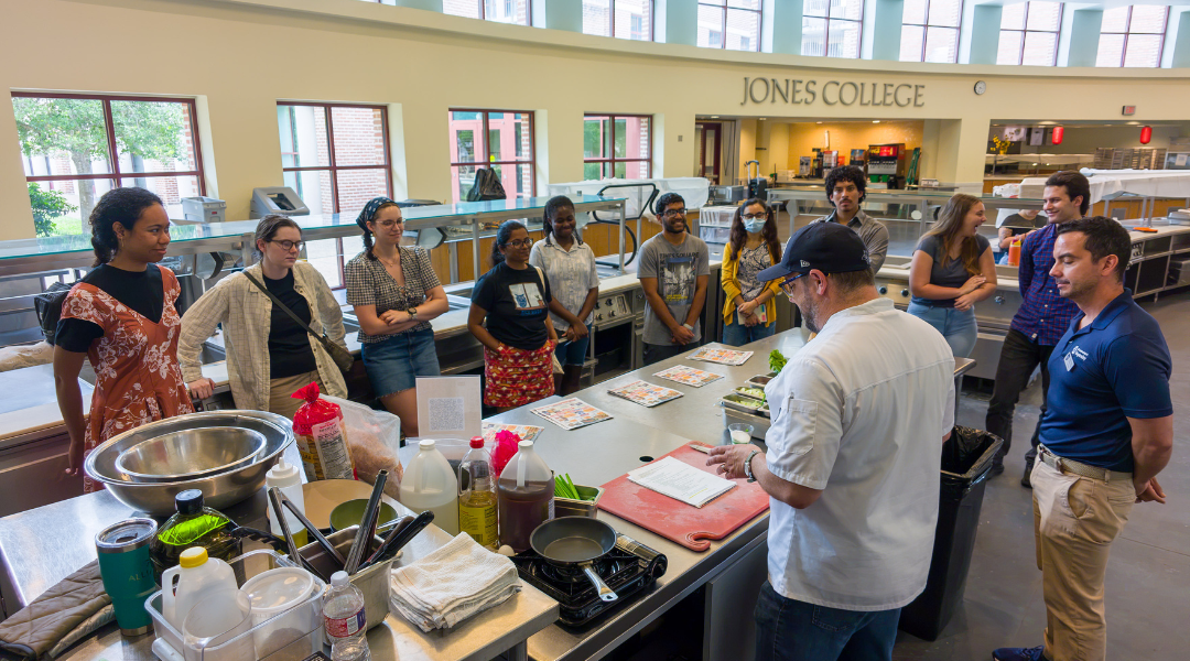 Graduate students attend a cooking class at Rice