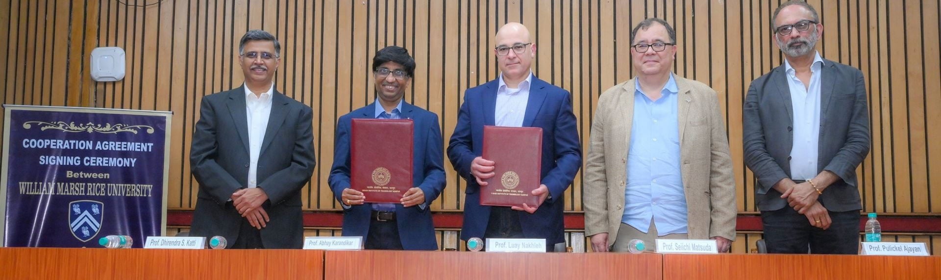 At the signing ceremony, from left: Professor Dhirendra Katti, dean of international relations at IITK; Professor Abhay Karandikar, IITK director; Luay Nakhleh, dean of the George R. Brown School of Engineering; Seiichi Matsuda, dean of graduate and postdoctoral studies at Rice, and Pulickel Ajayan, chair of Rice’s Department of Materials Science and NanoEngineering. Photo courtesy of IITK