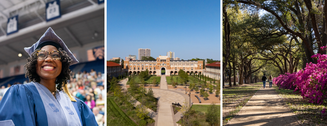 A photo of a doctoral graduate, an aerial of the Academic Quad and the azaleas in the spring