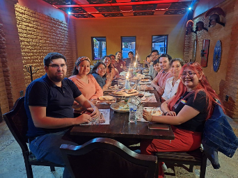 Students dining at a restaurant.