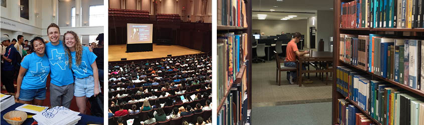 Students at graduate orientation, President Leebron addresses Rice graduate students, a student studying in Fondren library between the stacks