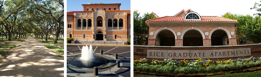The grove at Rice University, the Baker Institute fountain, and Rice Graduate Apartments entrance