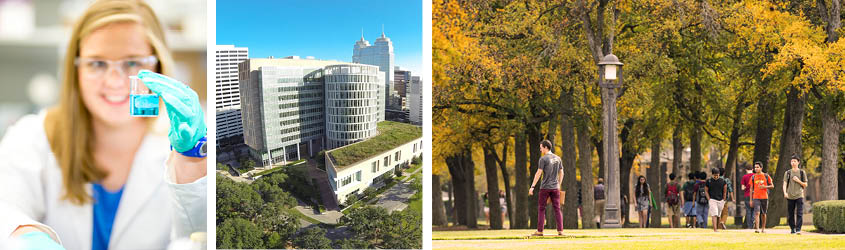 Woman in lab holds beaker of blue liquid and wears teal gloves, the BioScience Research Collaborative, autumn scene on campus