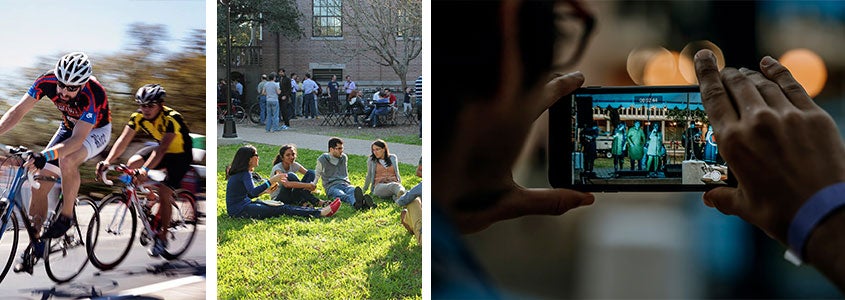 Students on bicycles at Beer Bike, students sit outside Valhalla at Rice University, a student takes a photo of a performance at Culture Night