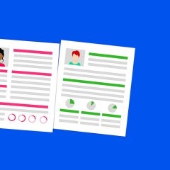 Image of three cartoon resumes on a bright blue background