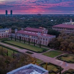 A sunset over Lovett Hall and the Texas Medical Center at Rice University