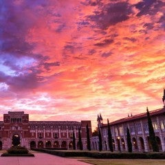 After a storm, the sky over Rice University glows purple, pink, yellow and orange.
