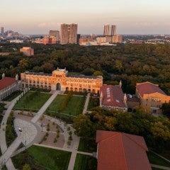 The Academic Quad at Rice University at dusk