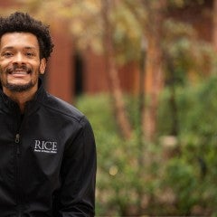 Trae Broadnax in the Russ Pitman Courtyard in Kraft Hall