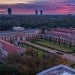 A sunset over Lovett Hall and the Texas Medical Center at Rice University